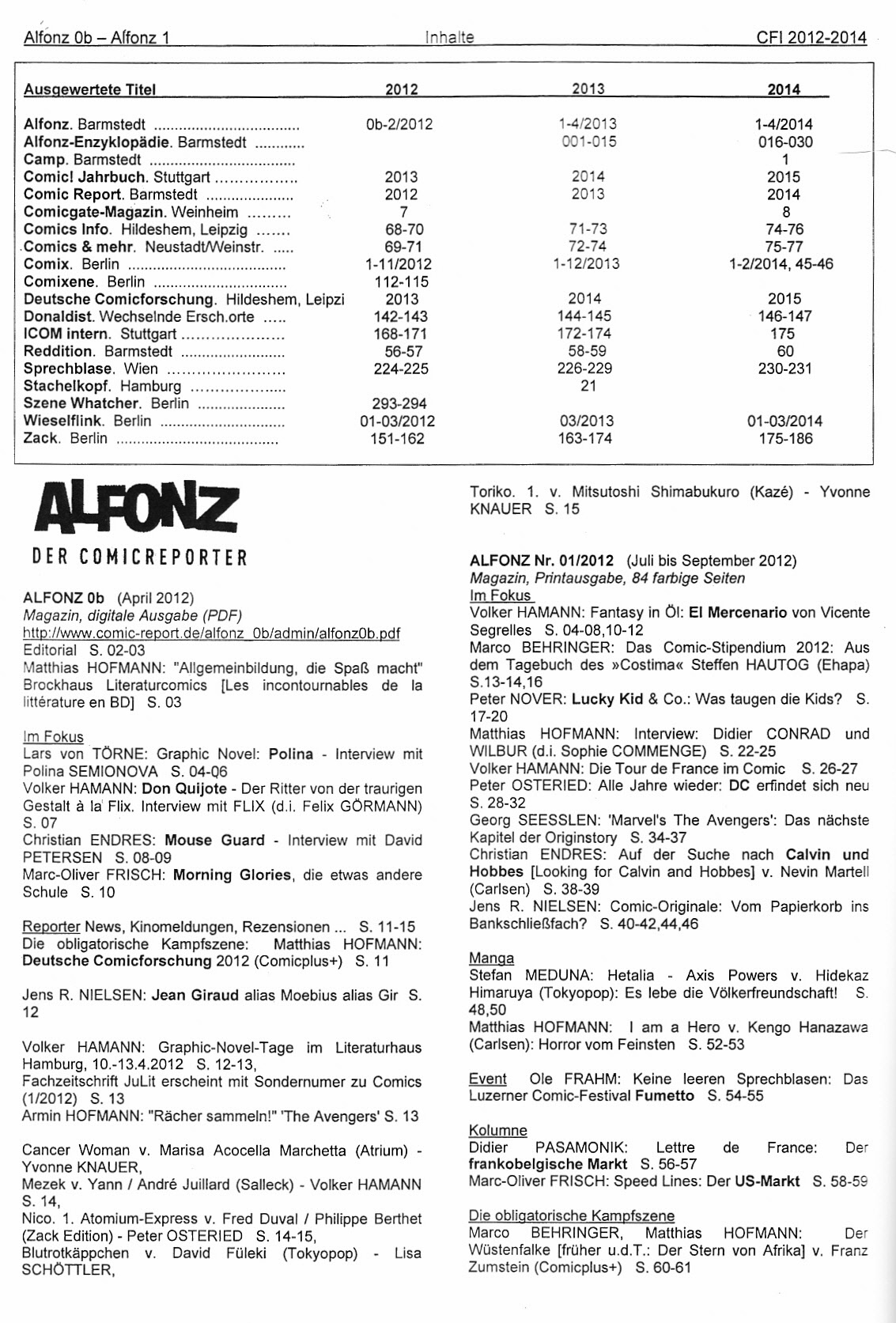 Comic-Fachpressen-Index 2012-2014 Leseprobe