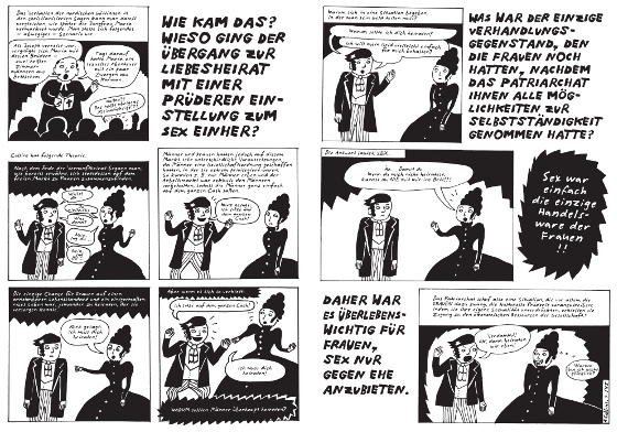 "Ursprung der Liebe" setzt auf cartooneske Zeichnungen, durchsetzt von Textblöcken.