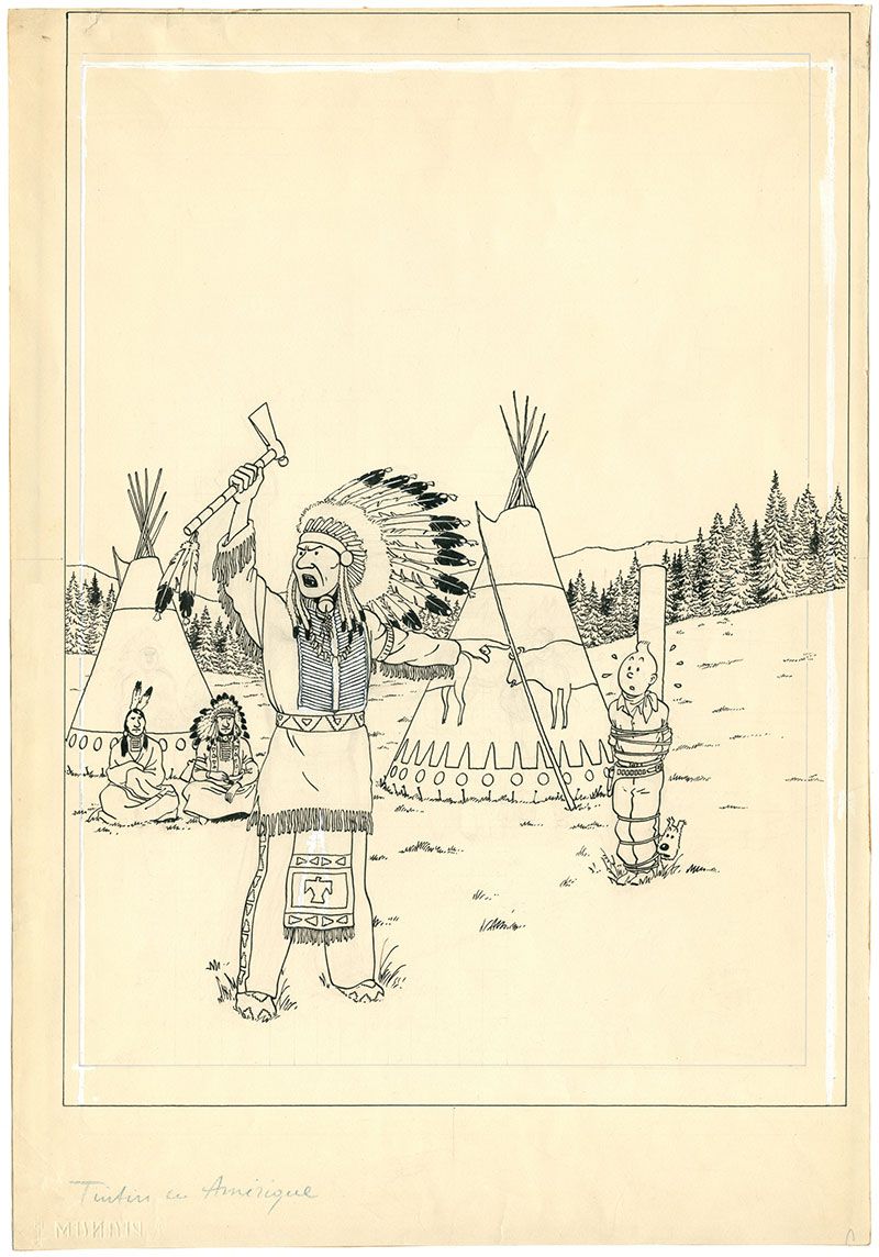 Highlight der Ausstellung: Das von Hergé gezeichnete Titelbild der Farbausgabe von »Tim in Amerika«, 1942